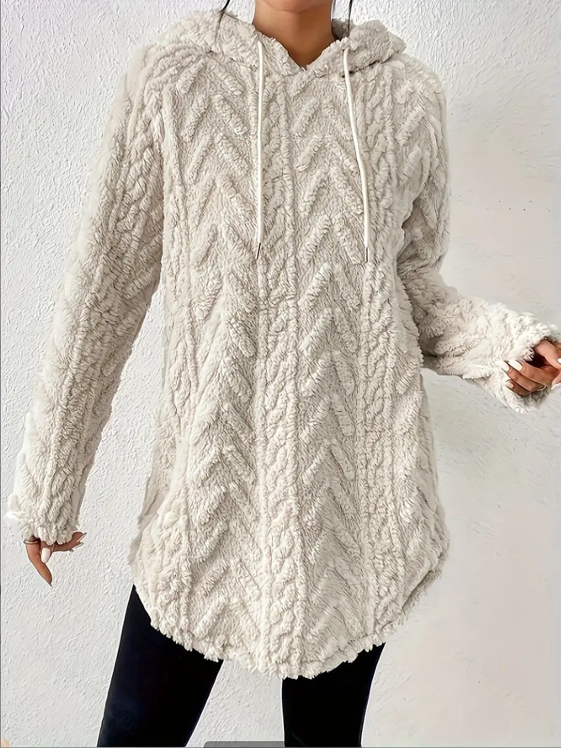 Hooded Long Sleeve Pullover Sweater Slim Fit Drawstring Plush Fabric Solid Color Fall Fashion for Women Wholesale