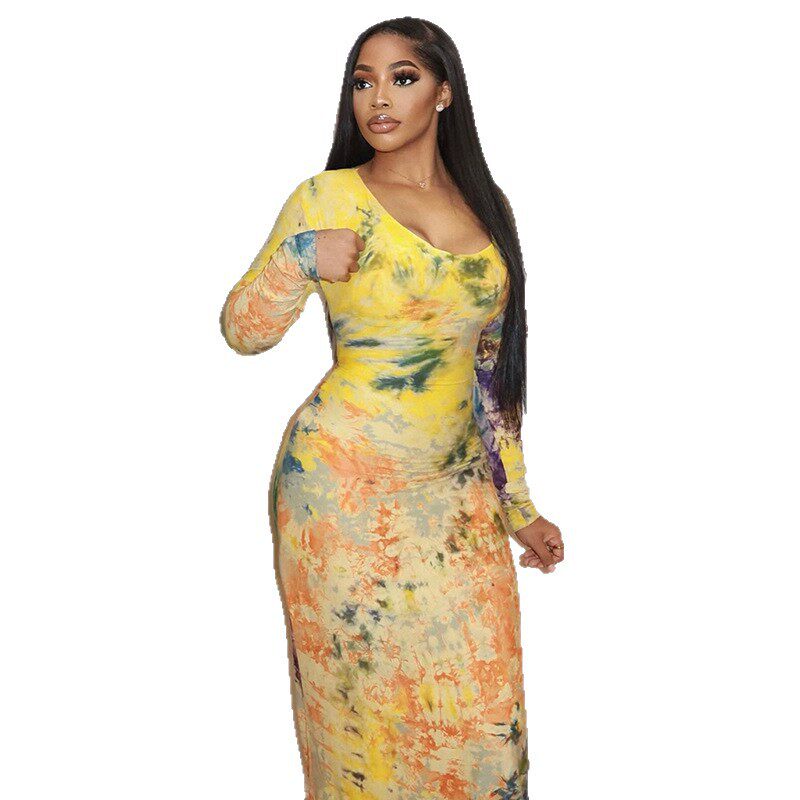 Vintage Floral Bodycon Dress for Women Long Sleeve Round Neck Slim Fit Versatile Style Perfect for Casual or Formal