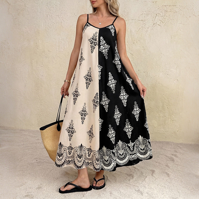 Bohemian Maxi Dress Loose Fit Color Block Paisley Print Sleeveless Summer Vacation Wear Wholesale Available