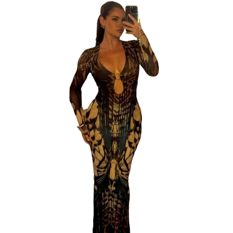 Fashionable Womens Long Sleeve Bodycon Dress with Ring Detail Color Block Design Low Neckline Fall Collection