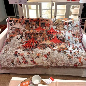Christmas Town Ski Resort Atmosphere Horizontal Tapestry Sofa Decorative Blanket Carpet Gold Thread Bed Blanket Thickeneded