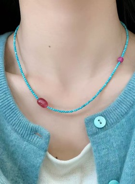 新中式叠戴民族绿松石紫色天然石叠戴项链韩系百搭显白锁骨链