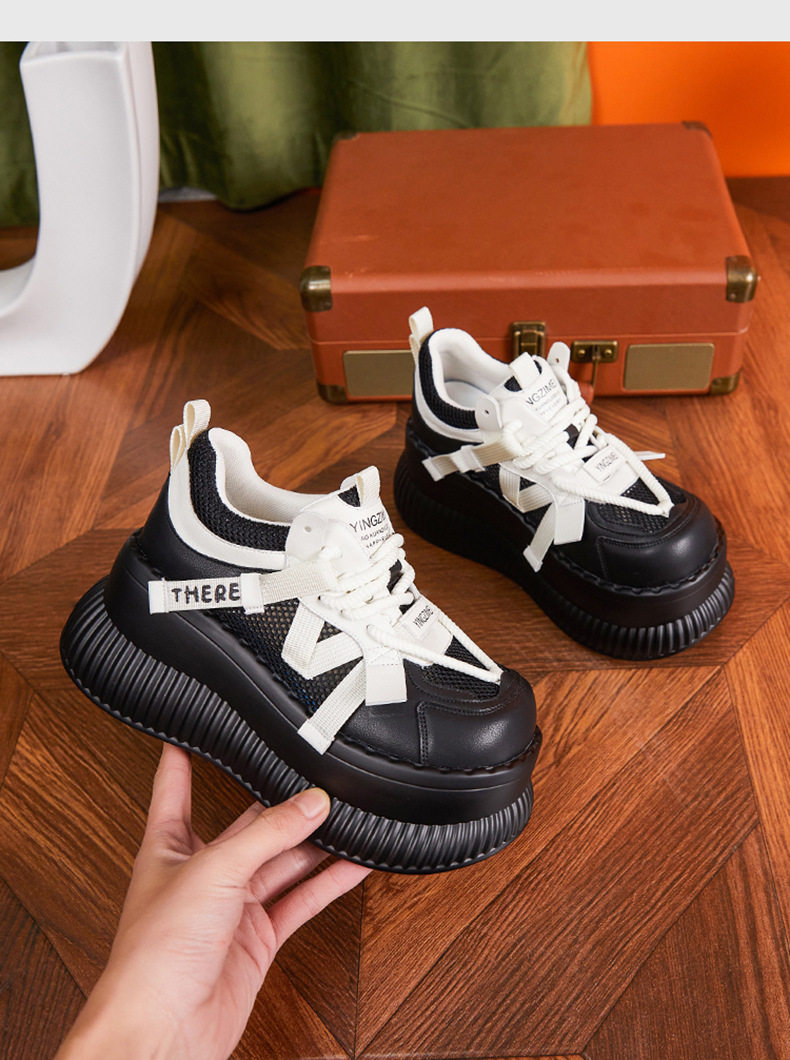 Giày platform nữ đế xuồng cao gót 8cm, dây buộc lưới thoáng khí — Len sạch, Đen chi tiết 14