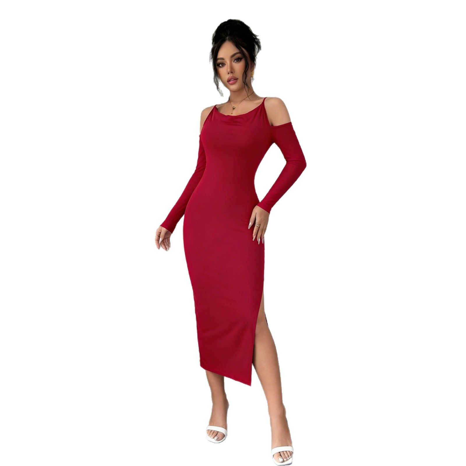 Off Shoulder Bodycon Dress Slim Fit Long Sleeve High Split Elegant Style Perfect for Parties and Formal Events