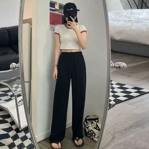 Womens High Waisted Ice Silk Wide Leg Trousers Lightweight Relaxed Fit Textured Fabric Summer Casual Wear