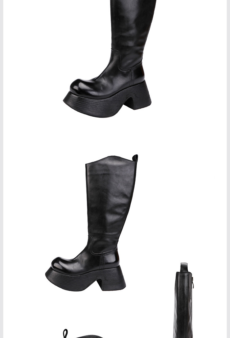 Boot nữ cổ cao da bò thật gót dốc khóa kéo bên — Màu đen