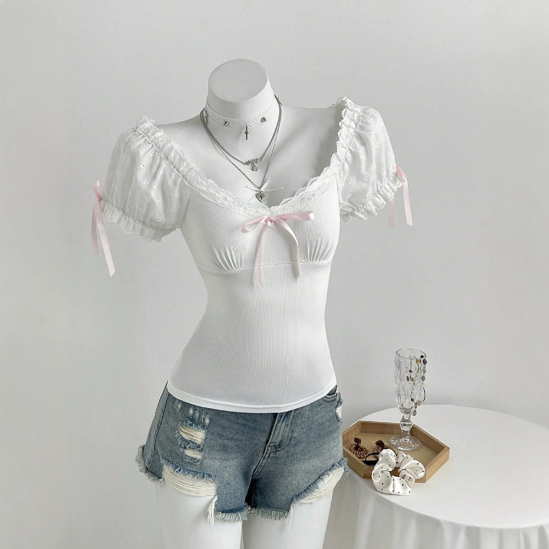 Summer Womens Short Sleeve T Shirt Bow Tie Detail Bubble Sleeve Soft Fabric Casual Wear Ready to Ship