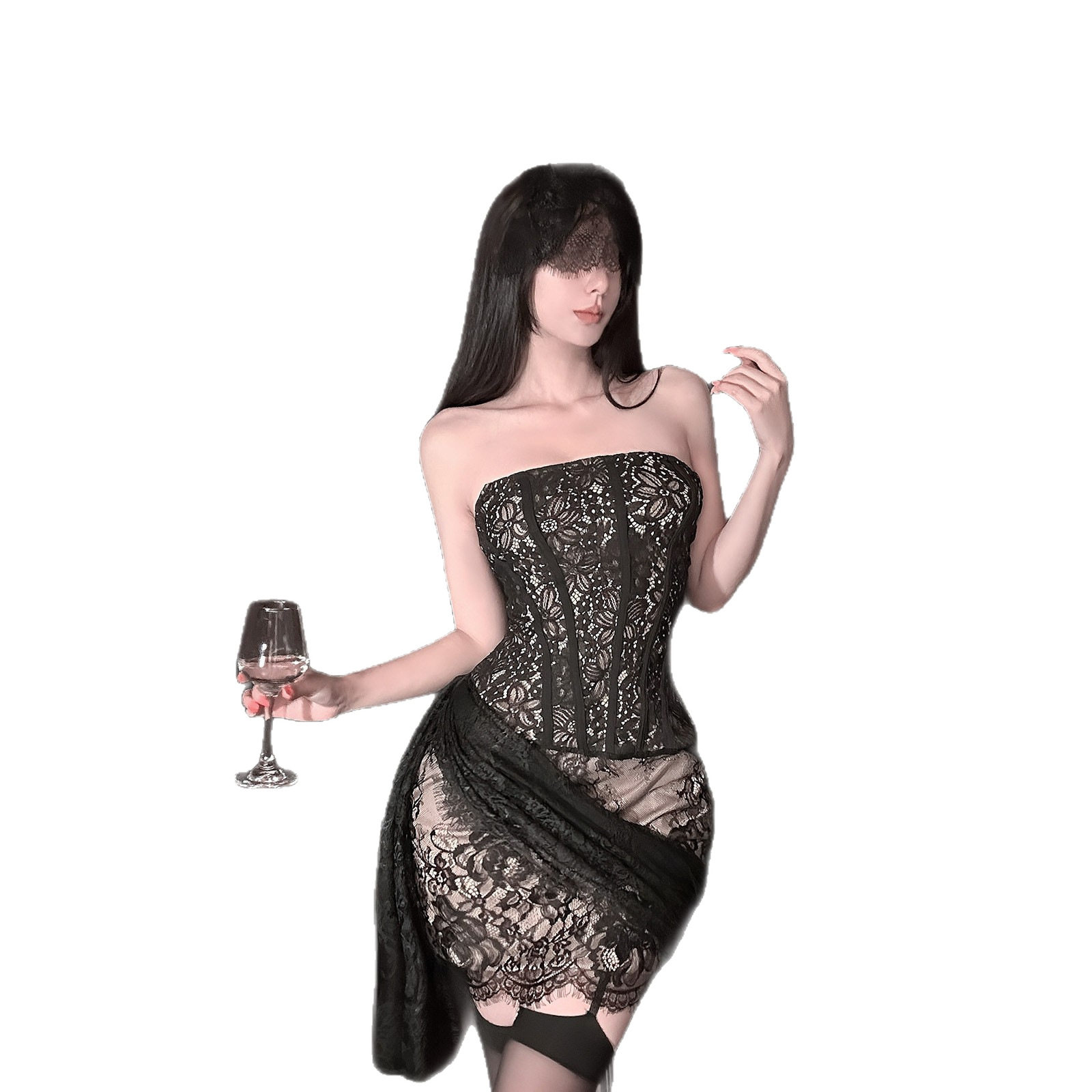 Jinxiu Sexy Intimates New Women's Sexy Lace Mesh One-Shoulder Tube Top Slightly See-Through Slim Dress Qqny
