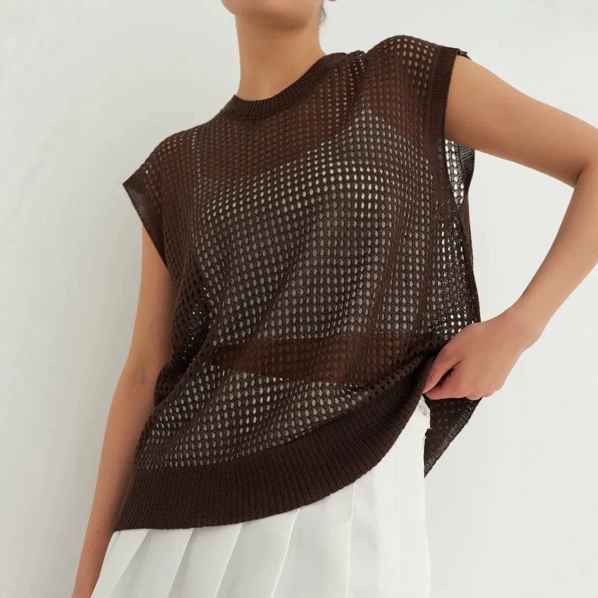 Lace Knit Sweater Vest Lightweight Sheer Round Neck Spring Summer Fall Fashion Wholesale Available
