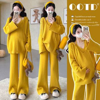 Maternity Wear Autumn and Winter New Style Halterneck Vest Yellow Sweater Suit Korean Style Slimming Look Loose Wide-Leg Pants Three-Piece Set