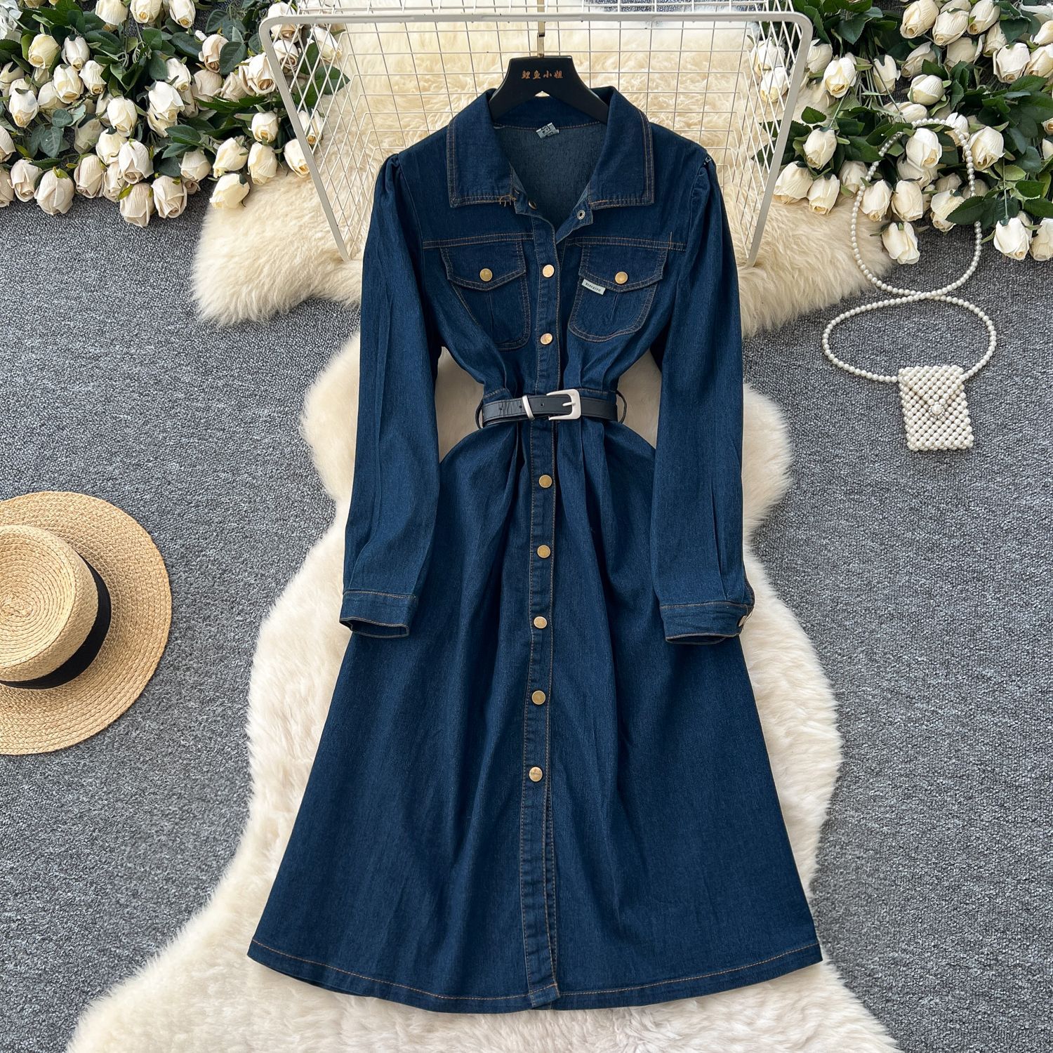Vintage French Style Long Sleeve Button Up Waist Tie Dress Denim Fabric Retro Collar Elegant Fit Autumn Fashion