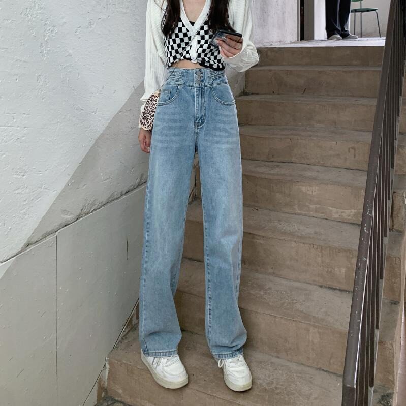 High Waisted Light Wash Jeans for Women Loose Fit Straight Leg Trendy Design Fall Winter Fashion Wholesale Available