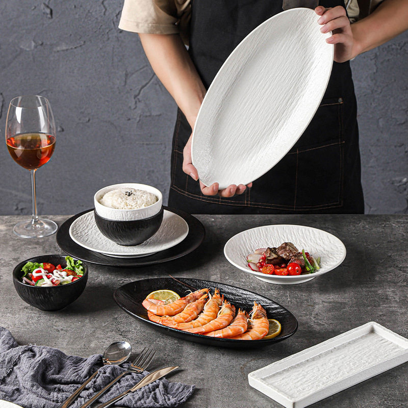 Vintage Rock Pattern Ceramic Western Food Plate Soup Plate Fish Plate Steak Dish Frosted Premium Black and White Tableware suit