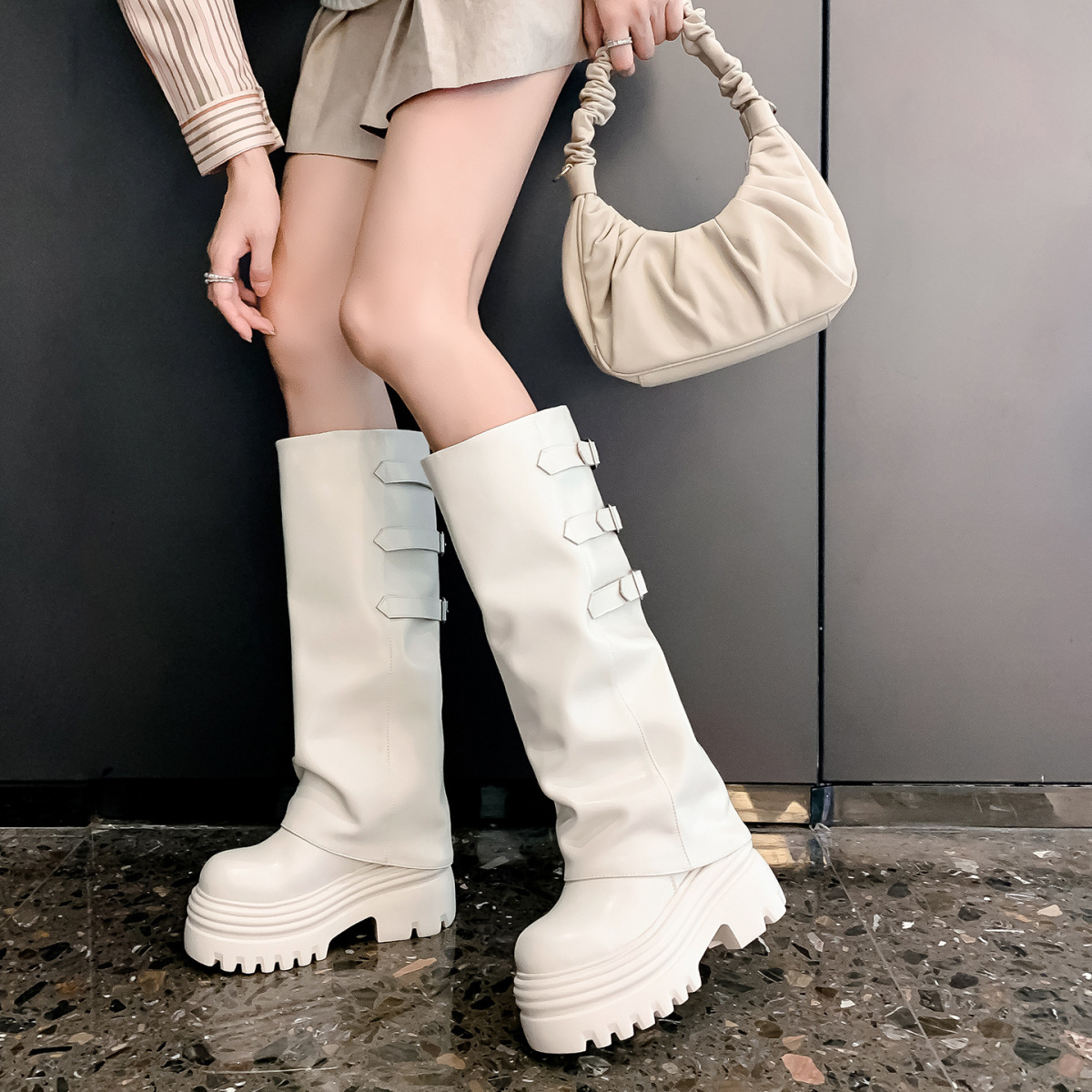 Boot nữ cổ cao ôm bắp chân da bò đế dày tôn dáng — Lớp lót đơn màu nâu 12cm, Lớp lót đơn màu nâu 15cm, Lớp lót đơn màu trắng nhạt 12cm, Lớp lót đơn màu trắng nhạt 15cm