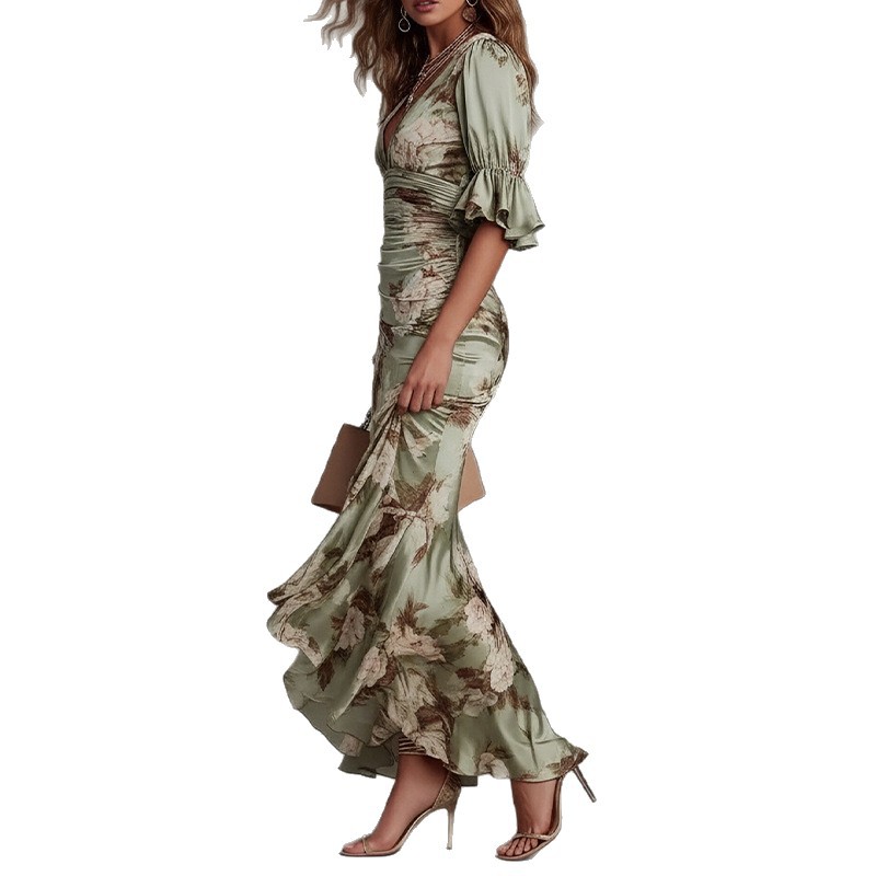 Vintage Elegant V Neck Floral Ruffle Maxi Dress Summer Collection Slim Fit Wholesale Available