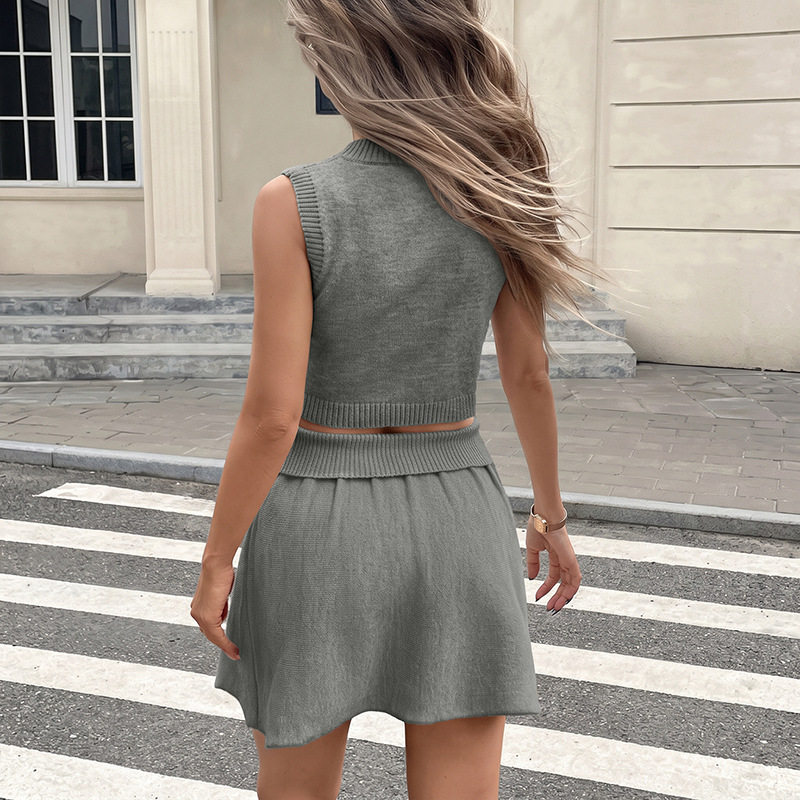 Gray V Neck Vest and A Line Skirt Set Korean Style Casual Look Comfortable Fabric Perfect for Summer Outings OEM