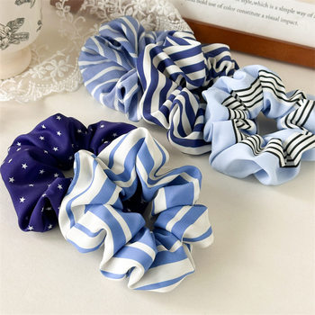 Three-state New Blue Striped Hair Ring Simple Style INS Blogger Daily All-match Ball Head Large Bowel Female Horse Tail Head Rope