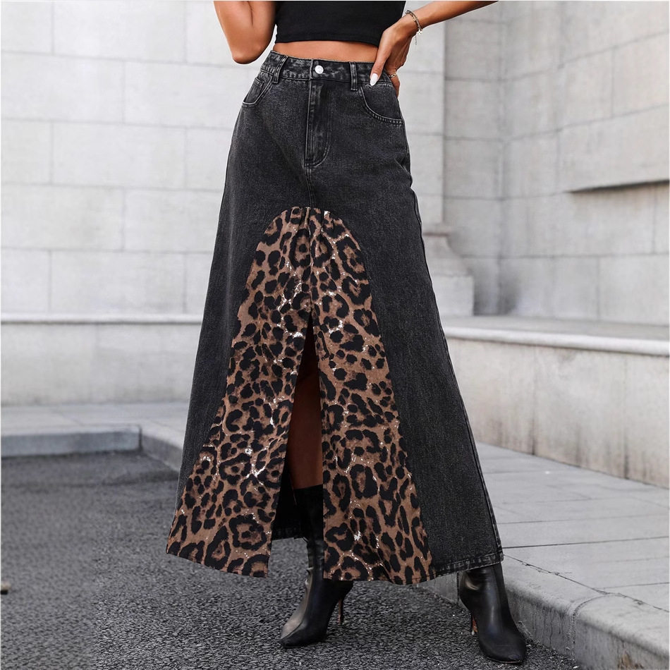 Leopard Print Denim Skirt Versatile Stylish Autumn Fashion Perfect for Streetwear Wholesale Available
