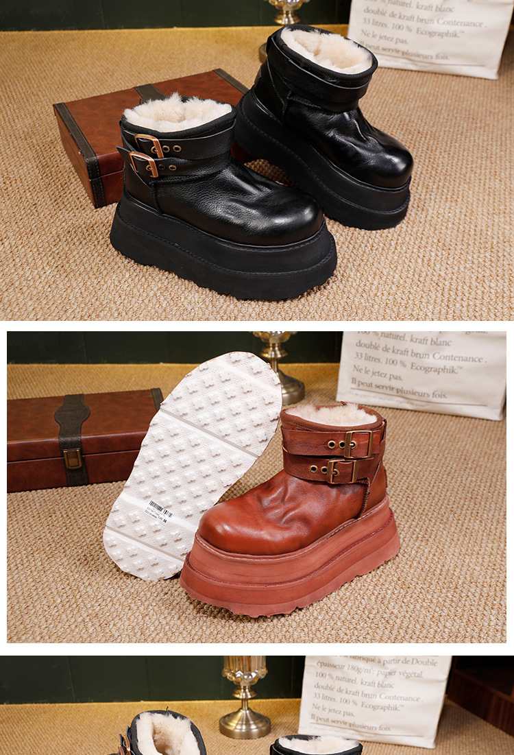 Boot lông cừu nữ cổ cao đế dày giữ ấm mùa đông — màu đen, nâu