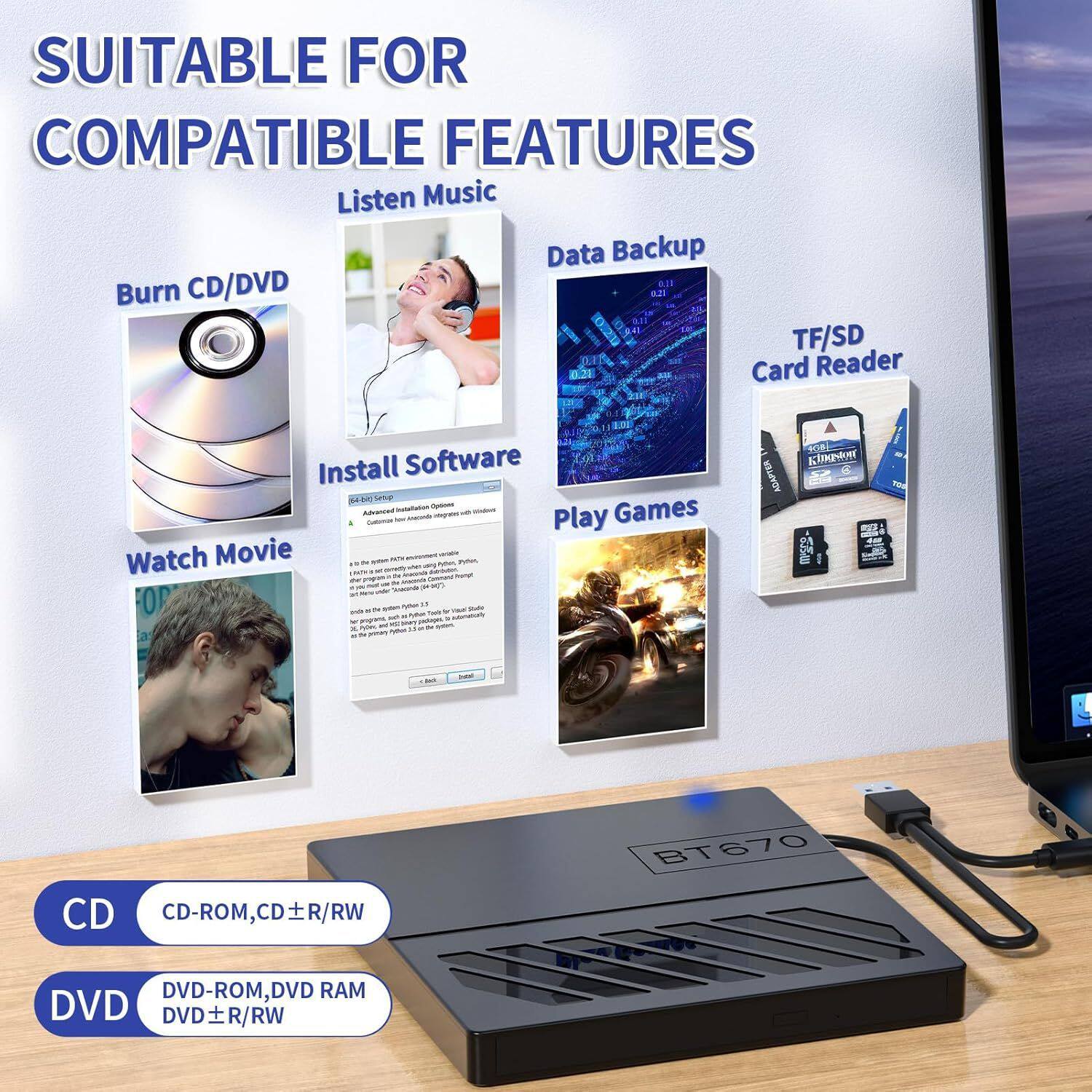 External Ultra-Thin Burner Desktop Laptop External Optical Drive Plug-In Card 7-in-1 Multi-Function Dvd Burner