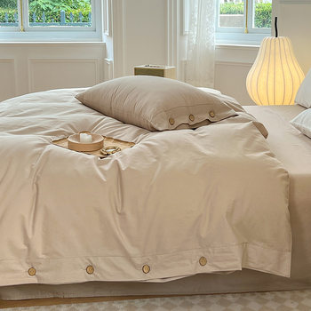 New Unprinted Style Simple Four-Piece Solid Color Quilt Cover Japanese Style Washed Cotton Button Style Three-Piece Set Wholesale