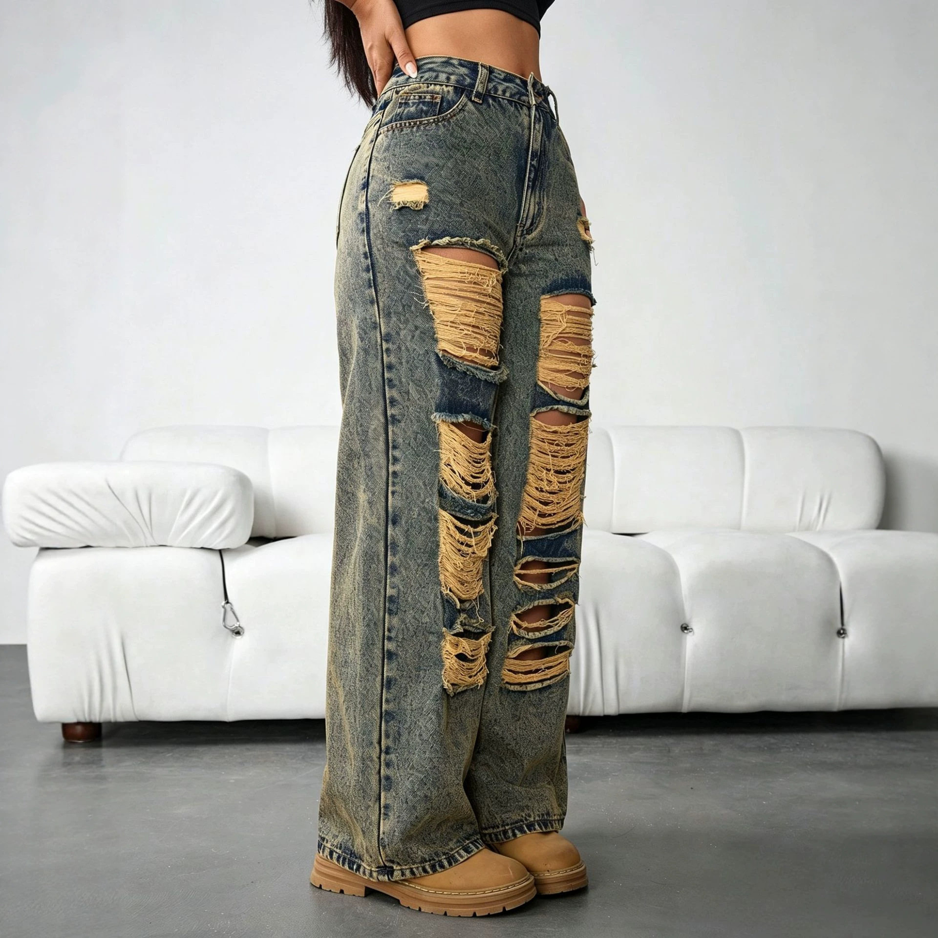 Vintage Distressed Wide Leg Womens Jeans Loose Fit Casual Style Perfect for Everyday Wear Ready to Ship