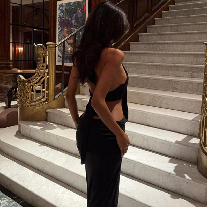 Elegant Deep V Neck Halter Backless Maxi Dress Sexy Fashionable Red Carpet Style Perfect for Nightclubs and Special