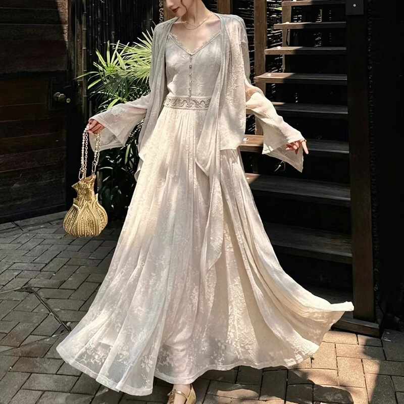 Đầm dài hai dây ren đính sequin họa tiết hoa phong cách thanh lịch dự tiệc — Hồng Tương, Lan đen, Mễ Hạnh, Nâu cà phê