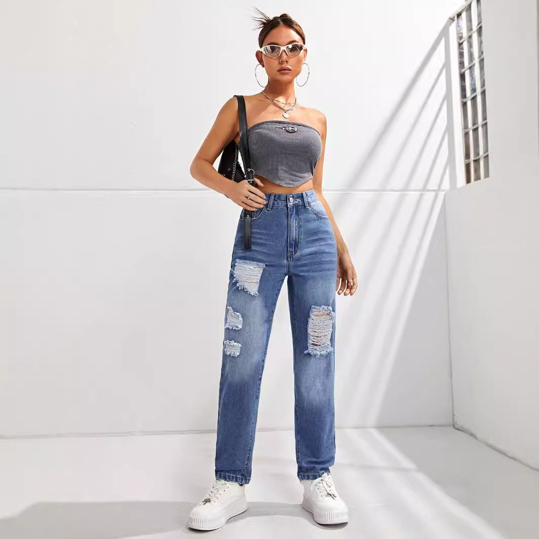 Womens Casual Slim Fit Ripped Straight Leg Jeans Comfortable Denim Fabric Perfect for Everyday Wear Wholesale Available