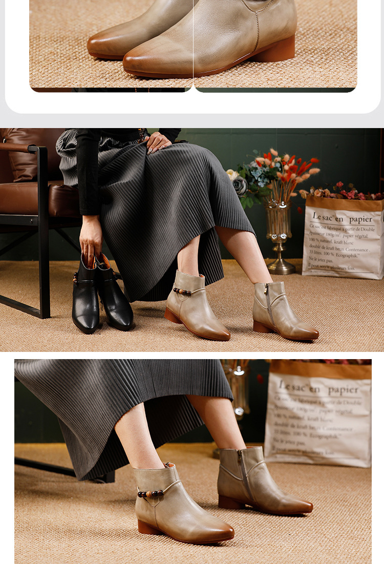 Boot nữ cổ thấp da bò thật mũi nhọn gót thấp thanh lịch — màu đen, màu xám