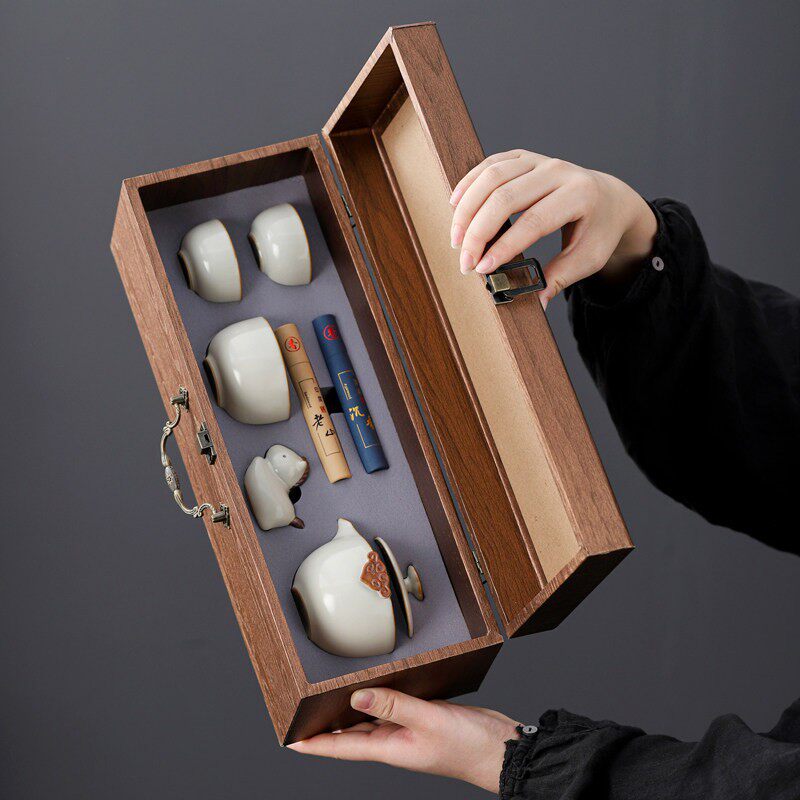 Чайный сервиз Ru Kiln Kung Fu с подарочной коробкой, бытовой набор из открытых частей, керамический чайный сервиз, подарочный набор, можно добавить логотип