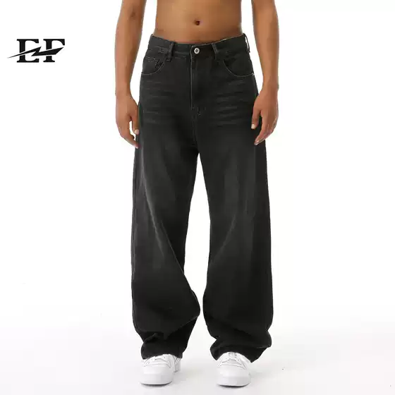 Ef Jeans |   American Style Retro Distressed Black and Gray Simple Loose Wide Leg Jeans for Men and Women