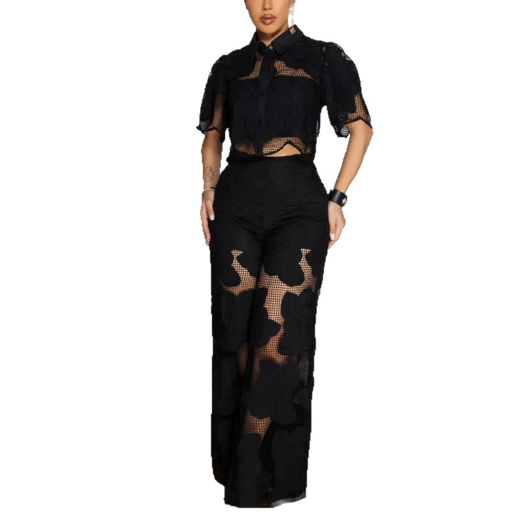 Lace Hollow Out Spliced Short Sleeve Shirt and Long Pants Set Spring Summer Fashion Elegant Casual Wear Wholesale