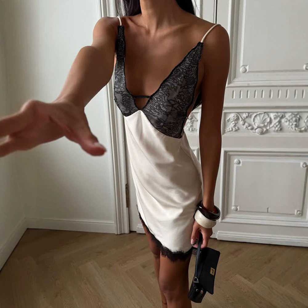 Elegant Deep V Neck Lace Dress Fashionable Sexy Slim Fit Versatile Perfect for Parties and Special Occasions
