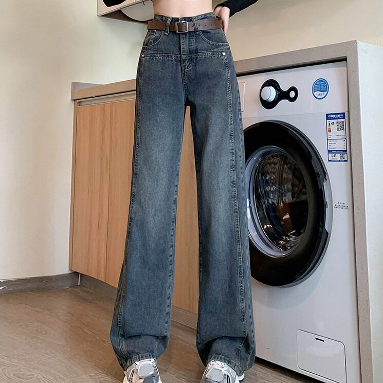 High Waisted Wide Leg Jeans for Women Cement Gray Vintage Style Loose Fit Floor Length Spring and Autumn Fashion