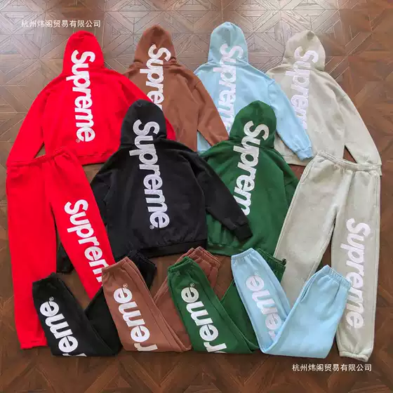 Cross-Border 25Fw Supreme Heavyweight Fleece-Lined Hooded Sweatshirt with Patch Embroidery, Popular American Style, Autumn and Winter Solid Color