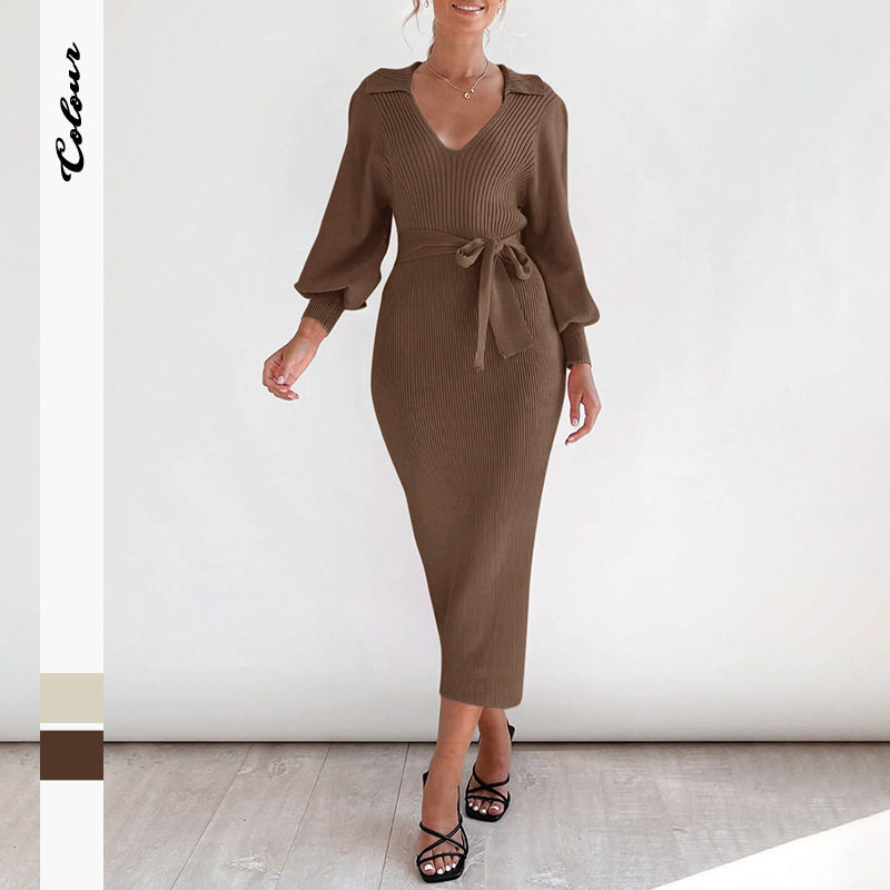 Knitted Sweater Dress Lantern Sleeve Solid Color Vintage Style Autumn Winter Fashion Wholesale Available