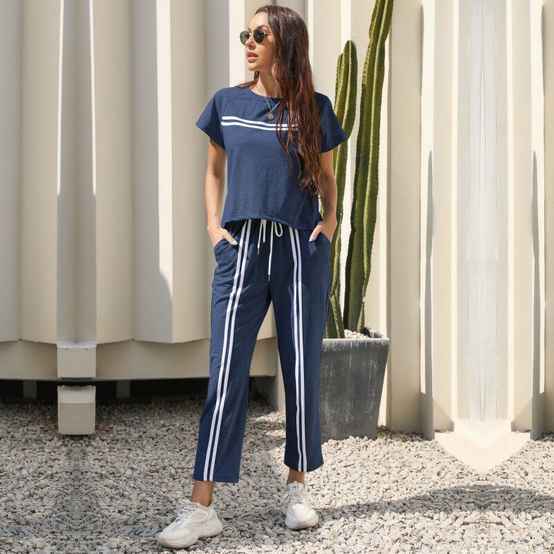 Two Piece Striped Casual Set Short Sleeve Round Neck Trendy Design Perfect for Summer Outings Wholesale Available