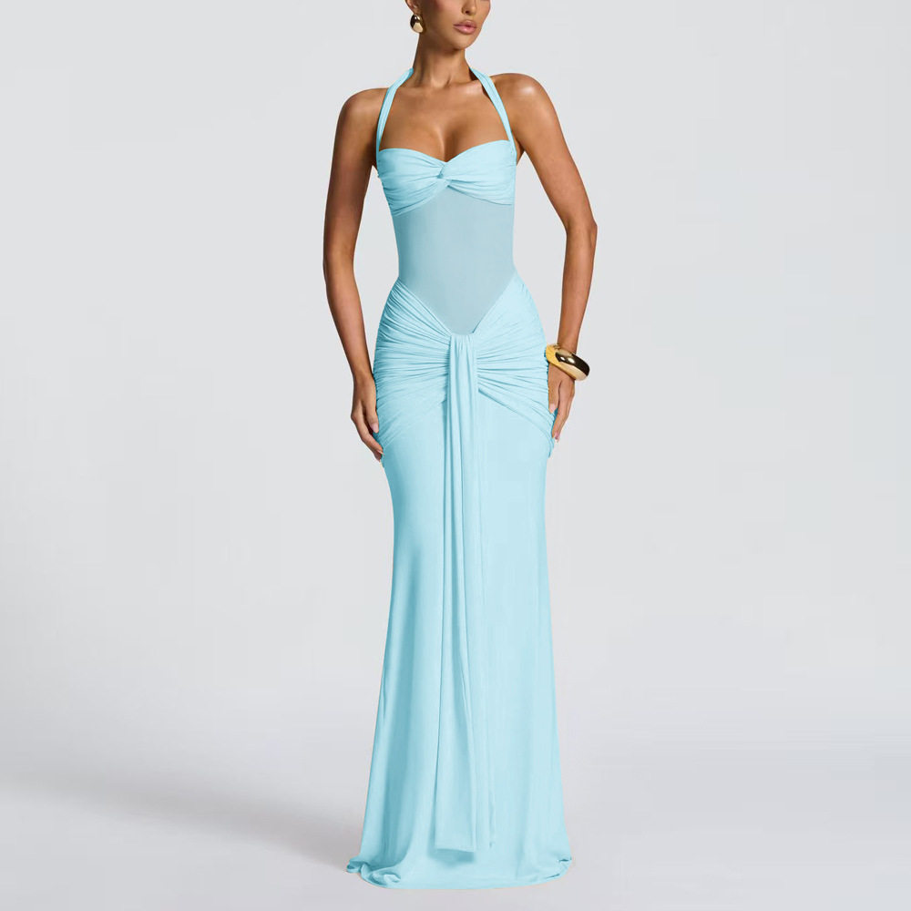 Sleeveless Bodycon Dress Solid Color Halter Neck Backless Sexy Fit Evening Wear Cocktail Party OEM Available