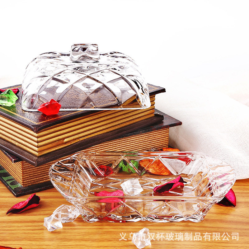 Nordic ins Embossed Glass Butter Plate Rectangular Butter Box Dustproof Cheese Dessert Tray with Lid Cake Plate