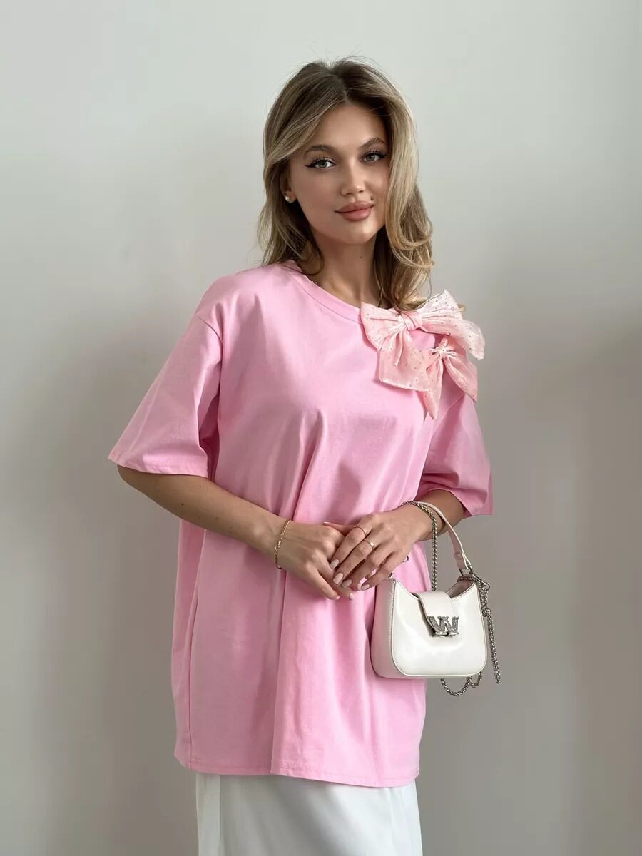 Loose Fit Womens T Shirt 3D Rhinestone Bow Cotton Fabric Short Sleeve Casual Wear for Spring Summer Wholesale