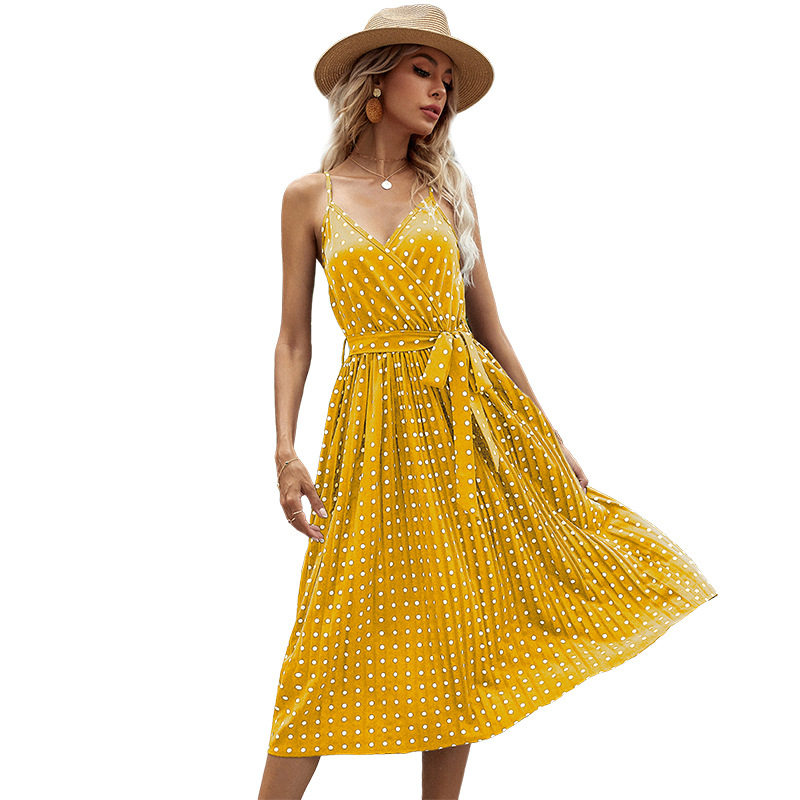Polka Dot Midi Dress Sleeveless Tie Waist Pleated Design Casual Summer Wear Wholesale Available