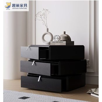 Rotating Bedside Table Black Oak Grain Rotating Three-Drawer Cabinet High-End Bedroom Italian Minimalist Light Luxury Internet Celebrity Bedside Cabinet