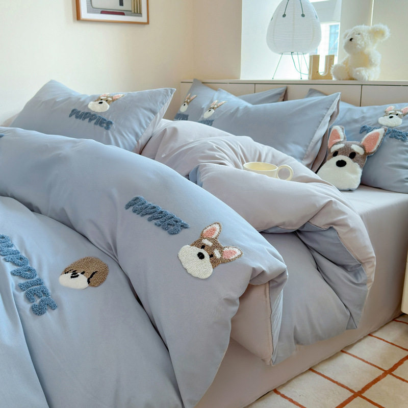 Blue Dog Towel Embroidered Cotton Bed Four-piece Set Cartoon Style Cotton Quilt Cover Children's Three-piece Set Wholesale