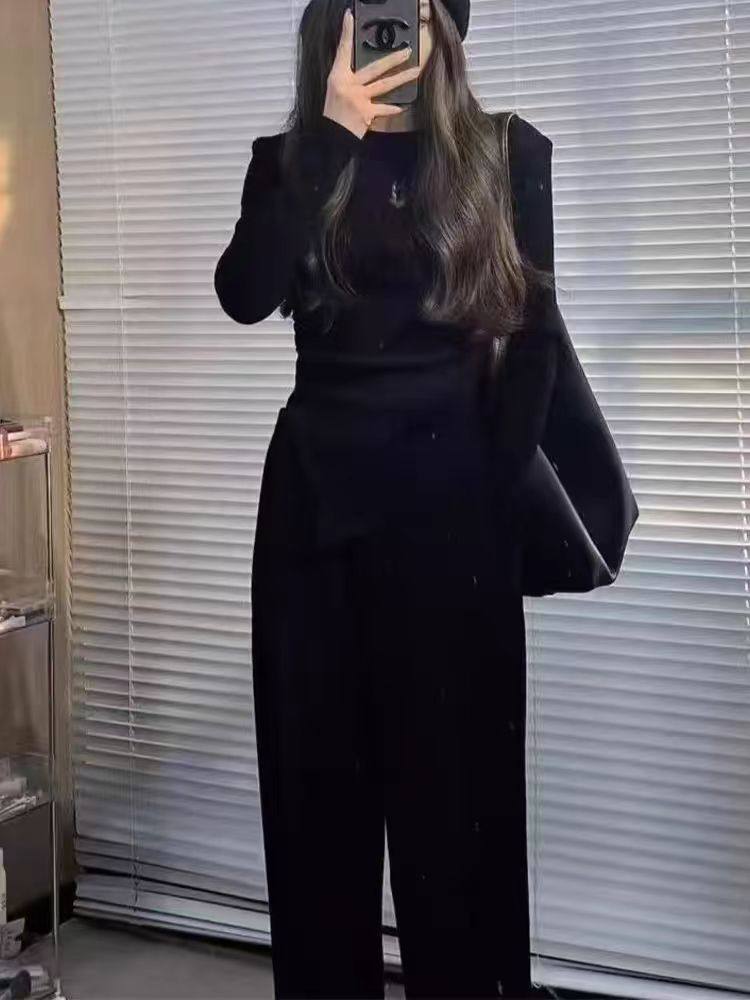 Spring New Casual Suit Women's Slim Fit Asymmetrical Long-Sleeved T-Shirt High-Waist Draped Wide-Leg Pants Two-Piece Set