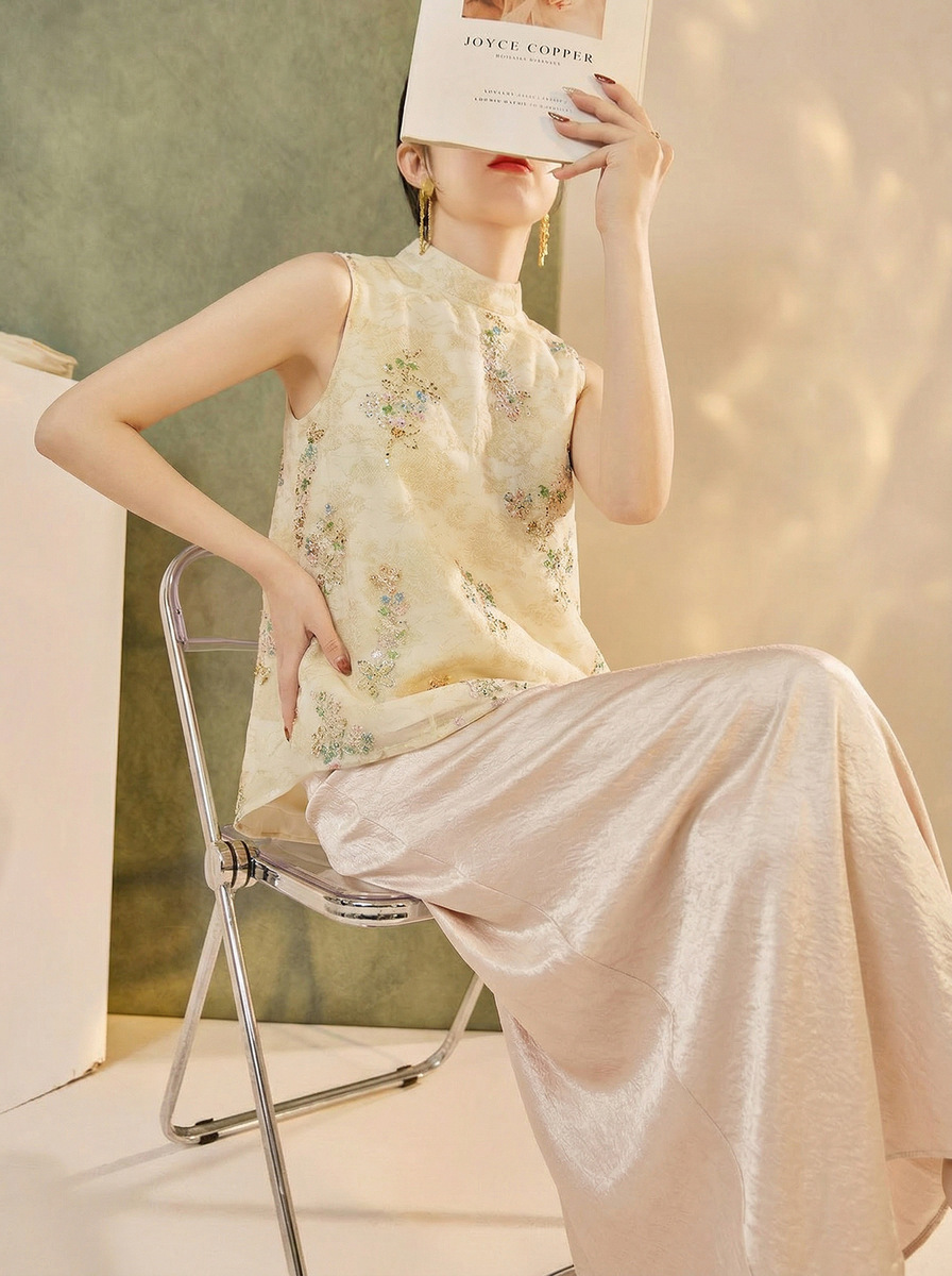 Bộ áo gile thêu hạt không tay kèm chân váy đuôi cá dài — Chân váy màu champagne (giao hàng trong 7 ngày), Áo gile thêu hạt (giao hàng trong 7 ngày), Áo gile thêu hạt (giao hàng trong ngày), Bộ sản phẩm (giao hàng trong 7 ngày)