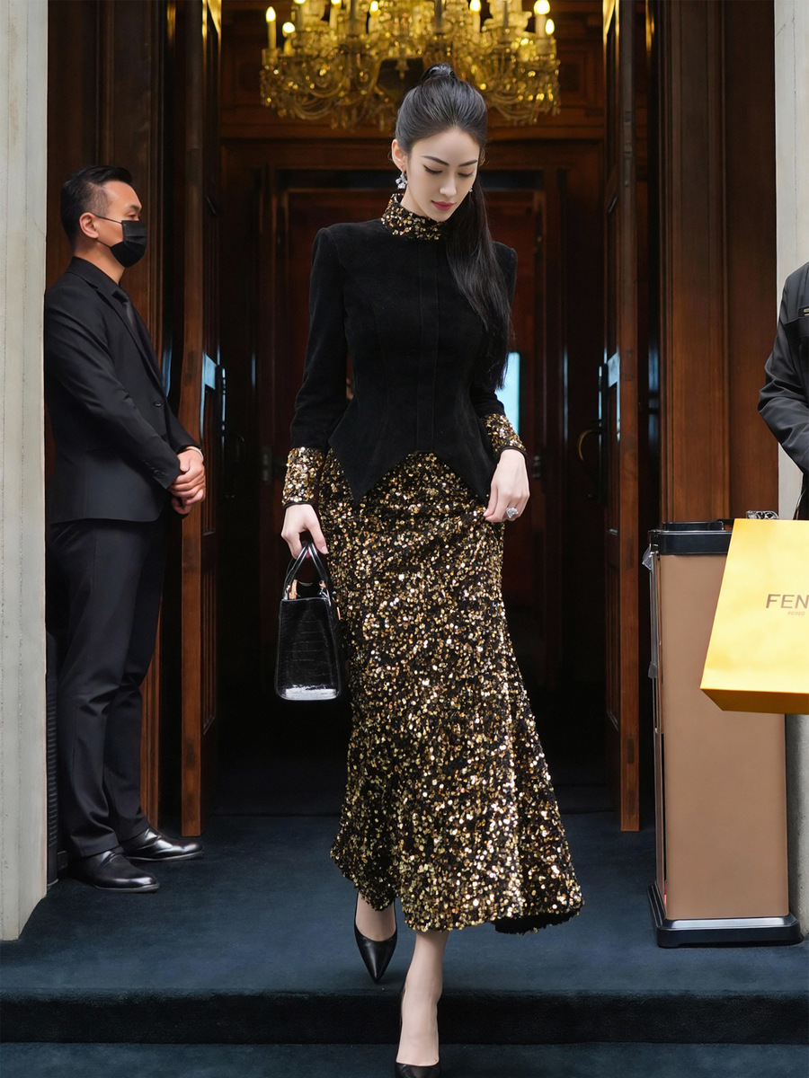 Đầm dạ hội nữ dáng ôm nhung phối sequin chiết eo — màu đen