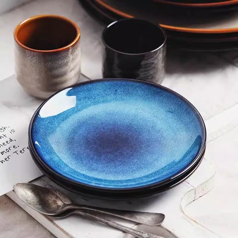 Cross-Border Retro Creative Kiln-Turned Ceramic Salad Plate Round Shallow Plate Flat Plate Hotel Restaurant Western Steak Plate Home