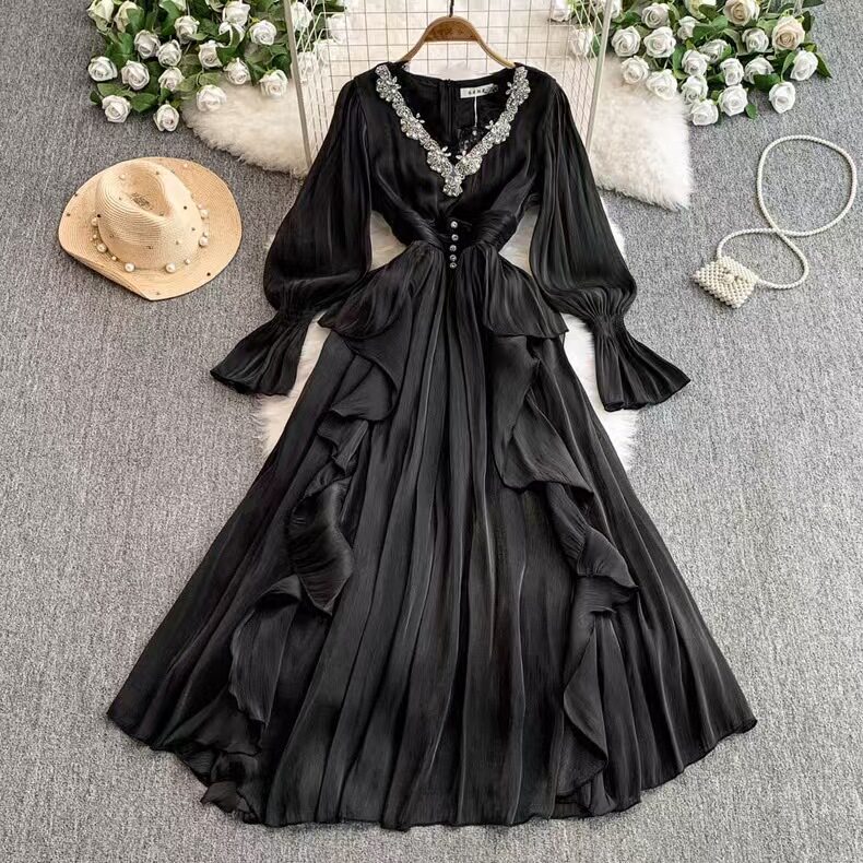 Elegant French Style Long Dress for Women Embroidered Beaded V Neck Waist Cinching Regal Design Perfect for Formal