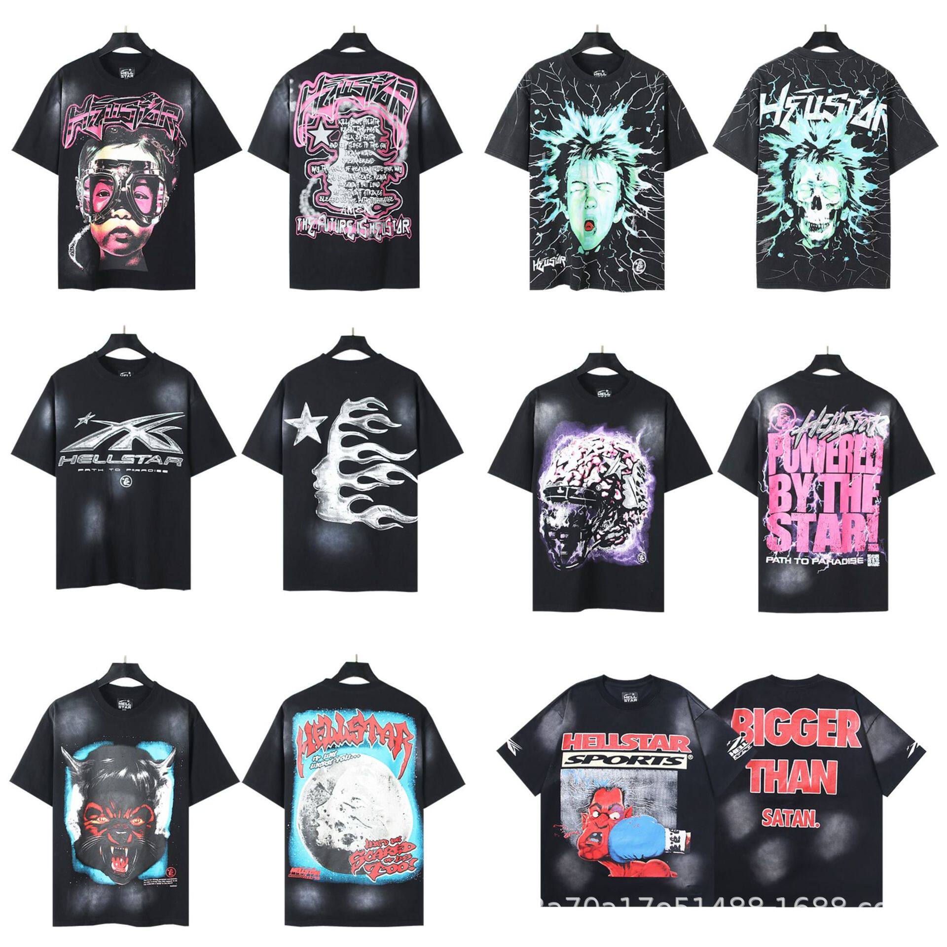 Cross-border Hellstar, Hell Star T-shirt alien glasses, black-washed short sleeve T-shirts.